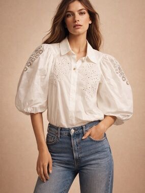 Caballero White Embroidered Boho Blouse Puff Sleeve Top M